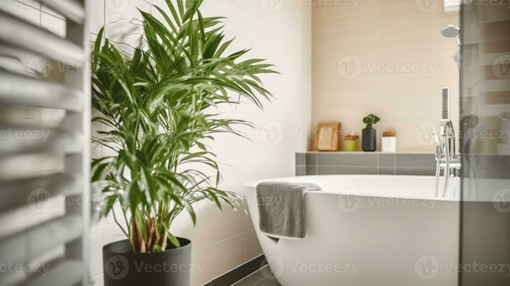 illuminata dal sole moderno bagno con un' in vaso pianta ornato vicino il vasca da bagno e bicchiere doccia cabina. generativo ai foto