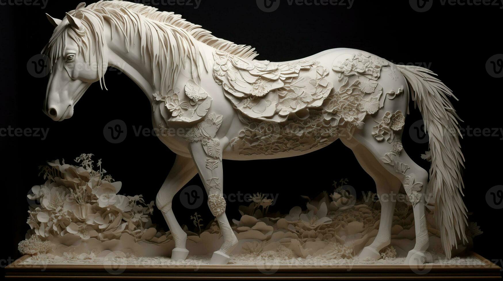 un' scolpito cavallo è in esecuzione nel un' buio atmosfera, nel il stile di intricatamente dettagliato modelli, legna scultore, ai generativo foto