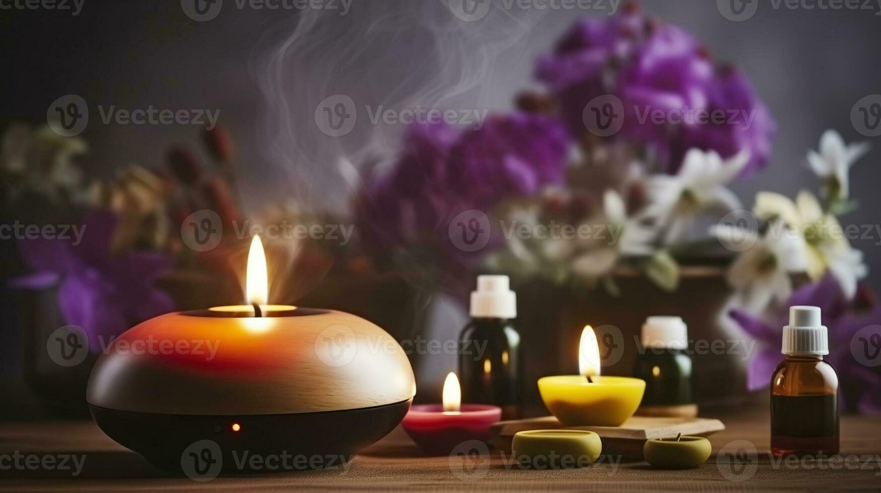 aroma olio diffusore, candele e fiori su tavolo, ai generativo foto