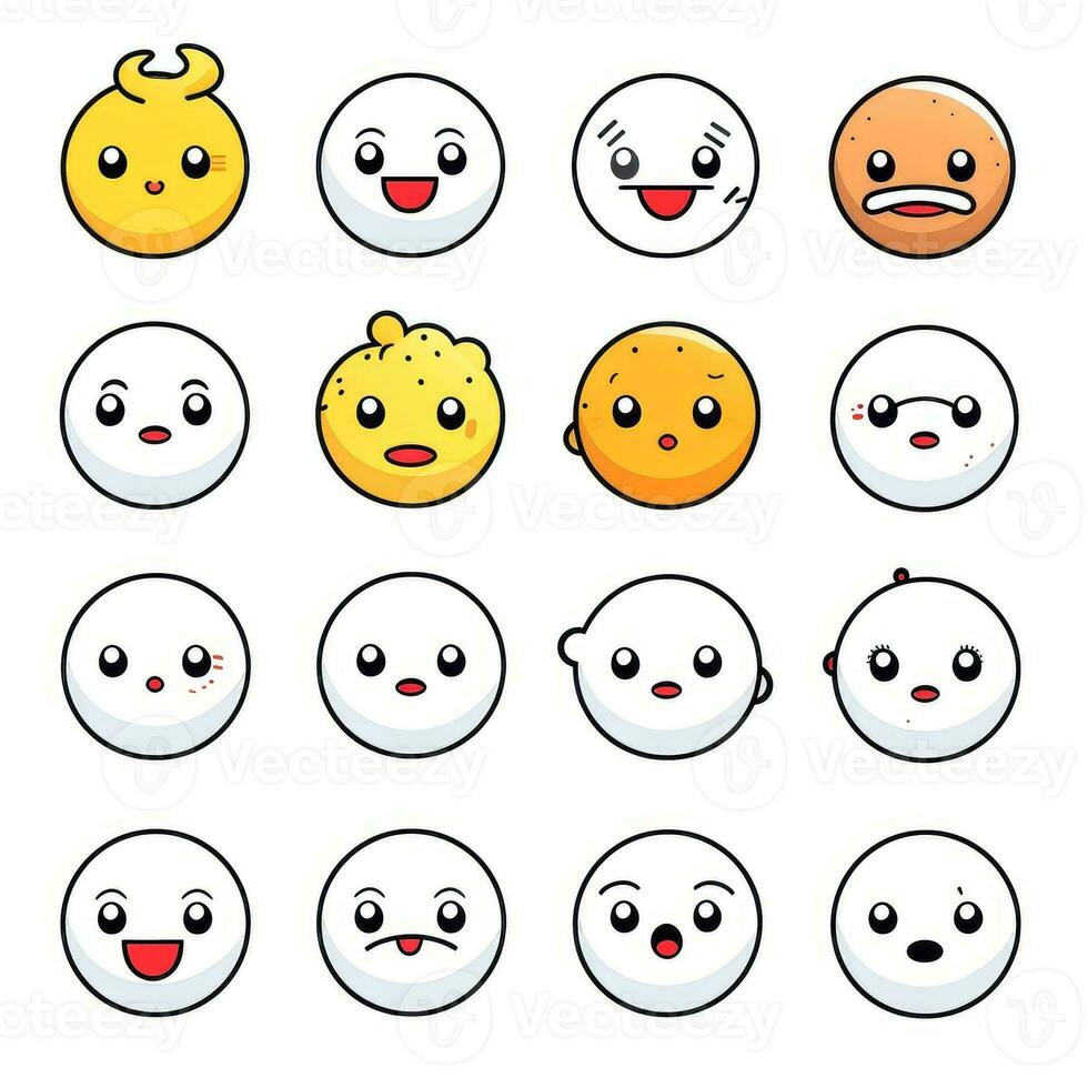 impostato di cartone animato facce espressioni, viso emoji, adesivi, emoticon, cartone animato divertente portafortuna personaggi viso impostare, generativo ai illustrazione foto