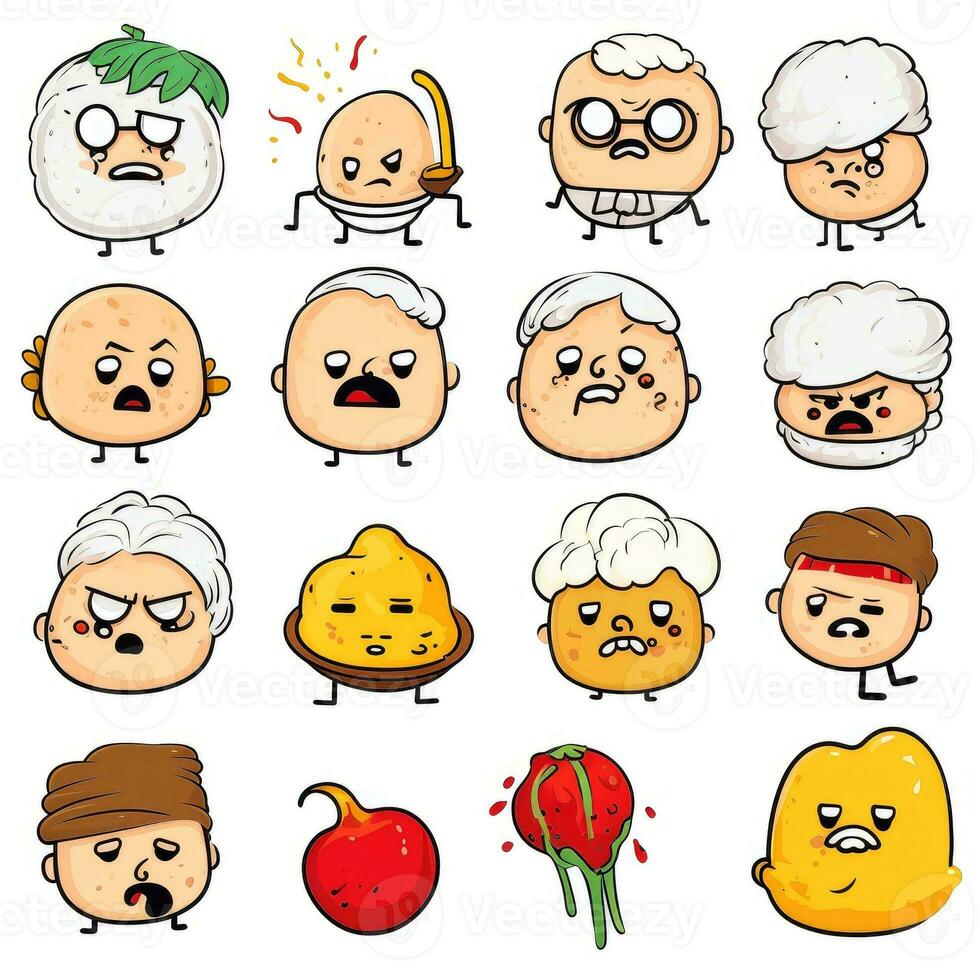 impostato di cartone animato facce espressioni, viso emoji, adesivi, emoticon, cartone animato divertente portafortuna personaggi viso impostare, generativo ai illustrazione foto