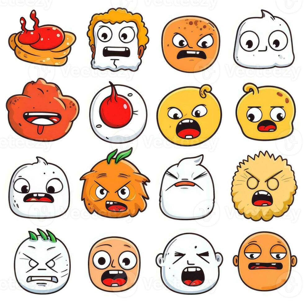 impostato di cartone animato facce espressioni, viso emoji, adesivi, emoticon, cartone animato divertente portafortuna personaggi viso impostare, generativo ai illustrazione foto