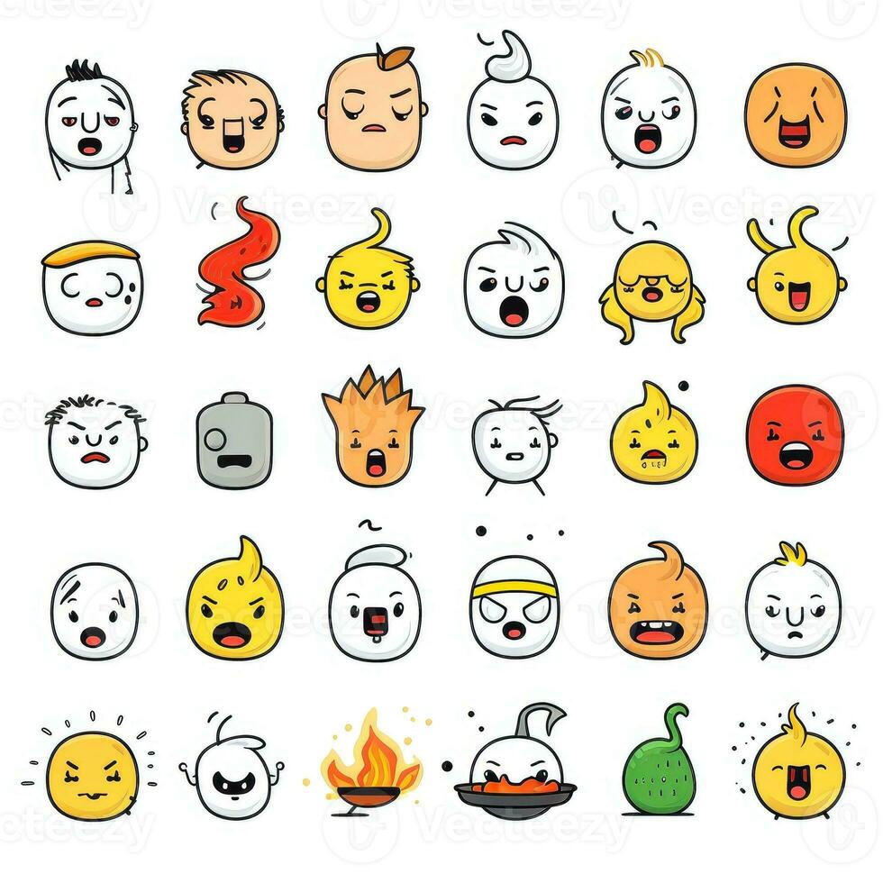 impostato di cartone animato facce espressioni, viso emoji, adesivi, emoticon, cartone animato divertente portafortuna personaggi viso impostare, generativo ai illustrazione foto