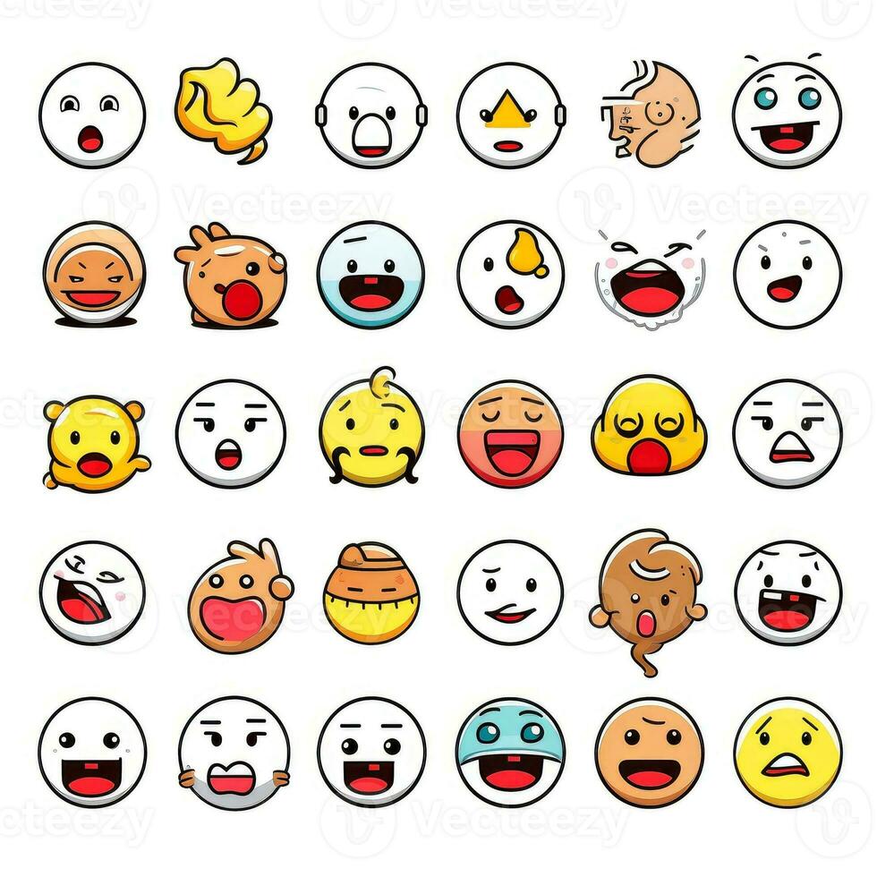 impostato di cartone animato facce espressioni, viso emoji, adesivi, emoticon, cartone animato divertente portafortuna personaggi viso impostare, generativo ai illustrazione foto