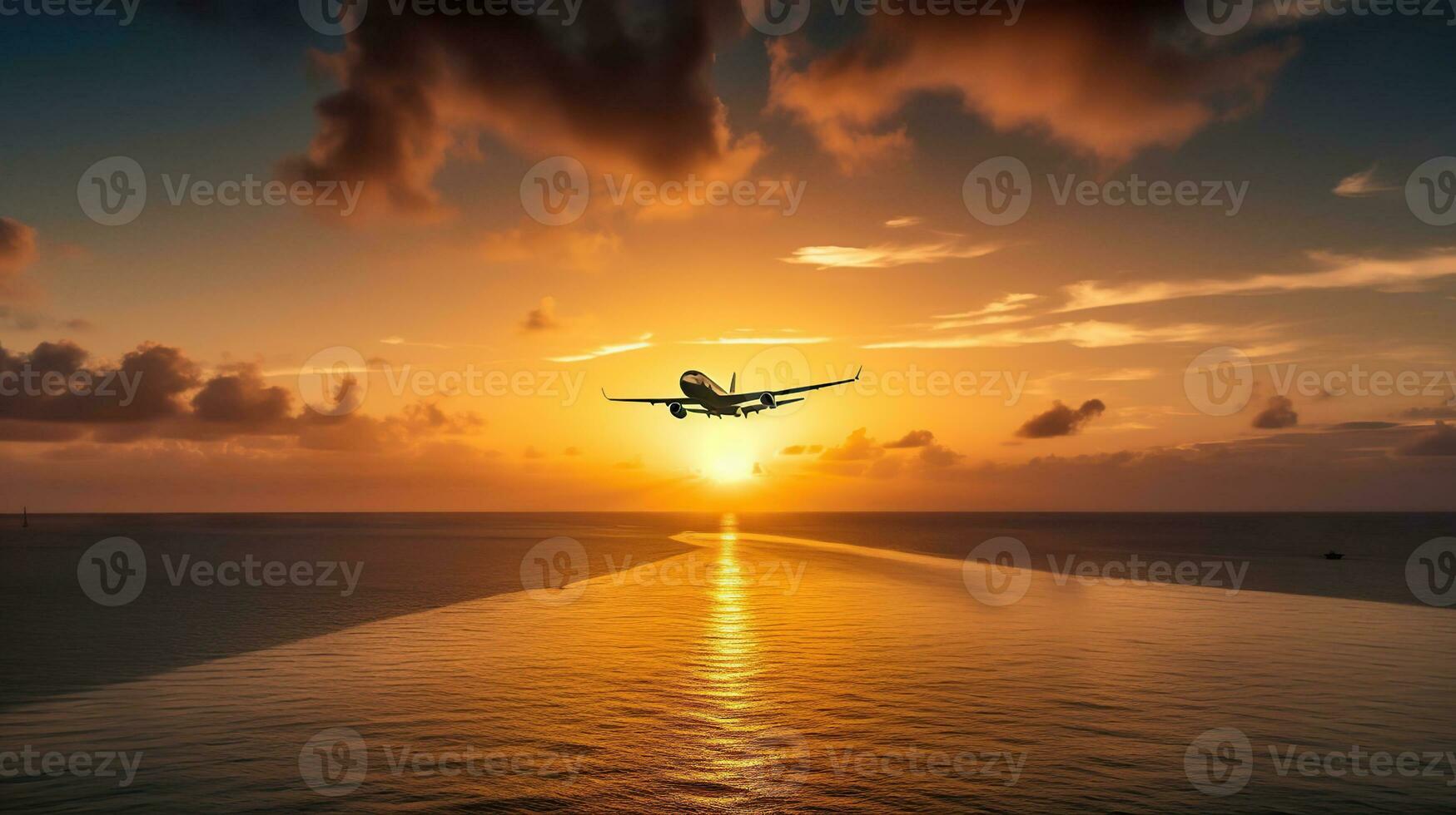 aereo volante sopra tropicale mare a tramonto, generativo ai foto