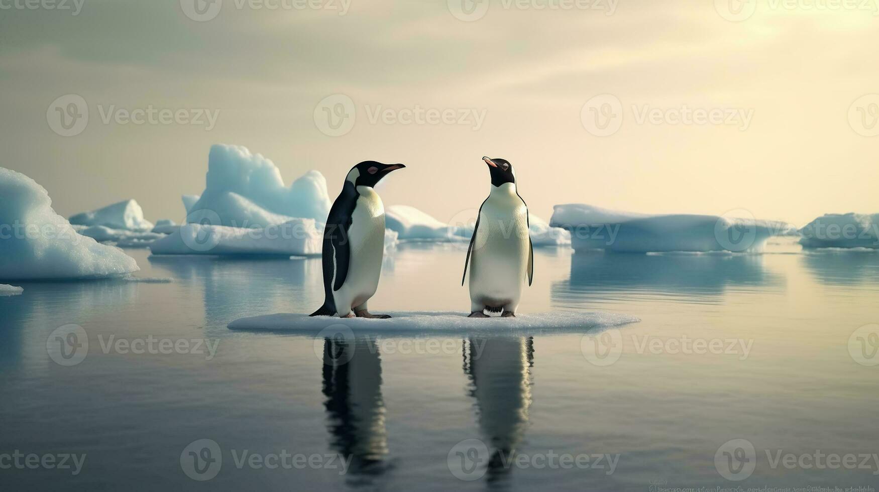 Due pinguini In piedi su fusione ghiaccio nel artico oceano globale riscaldamento concetto, mondo globale pianeta clima modificare. generativo ai foto