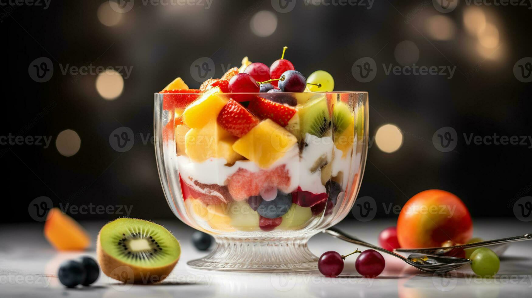 colorato frutta insalata nel un' bicchiere ciotola con diverso affettato frutta e frustato crema Yogurt nel un' simpatico impostare ambiente. generativo ai foto