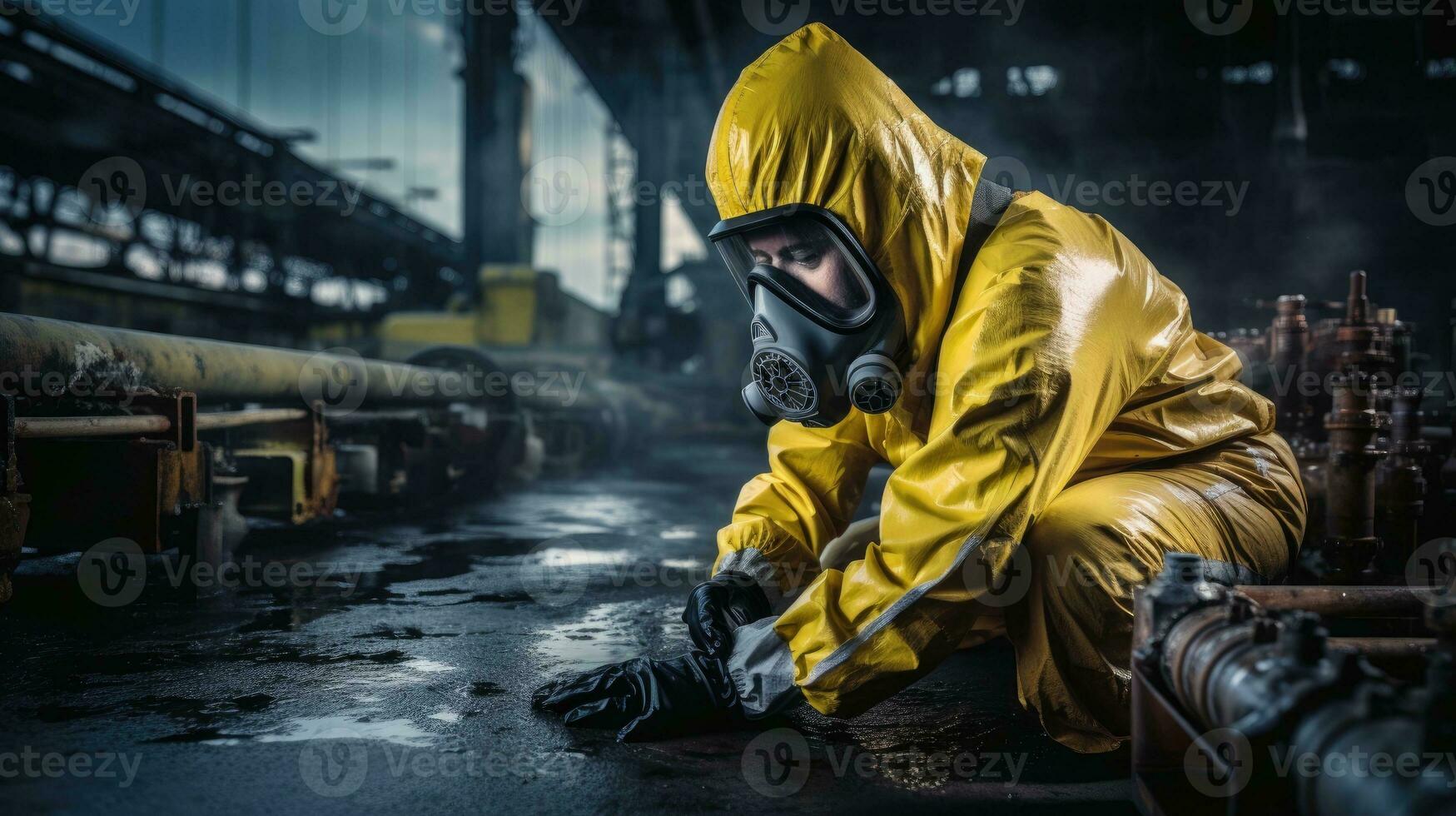 chimico specialista indossare sicurezza uniforme e gas maschera ispezionando chimico perdita nel industria fabbrica foto