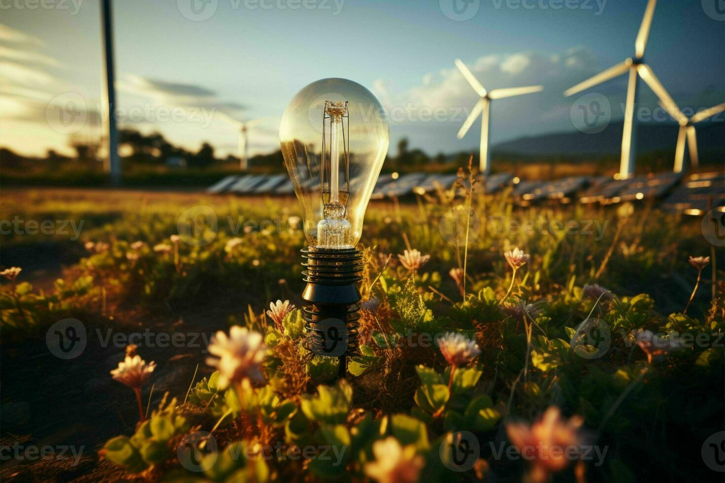 verde energia visione, solare pannello e vento turbina lampadina in mezzo naturale suolo ai generato foto