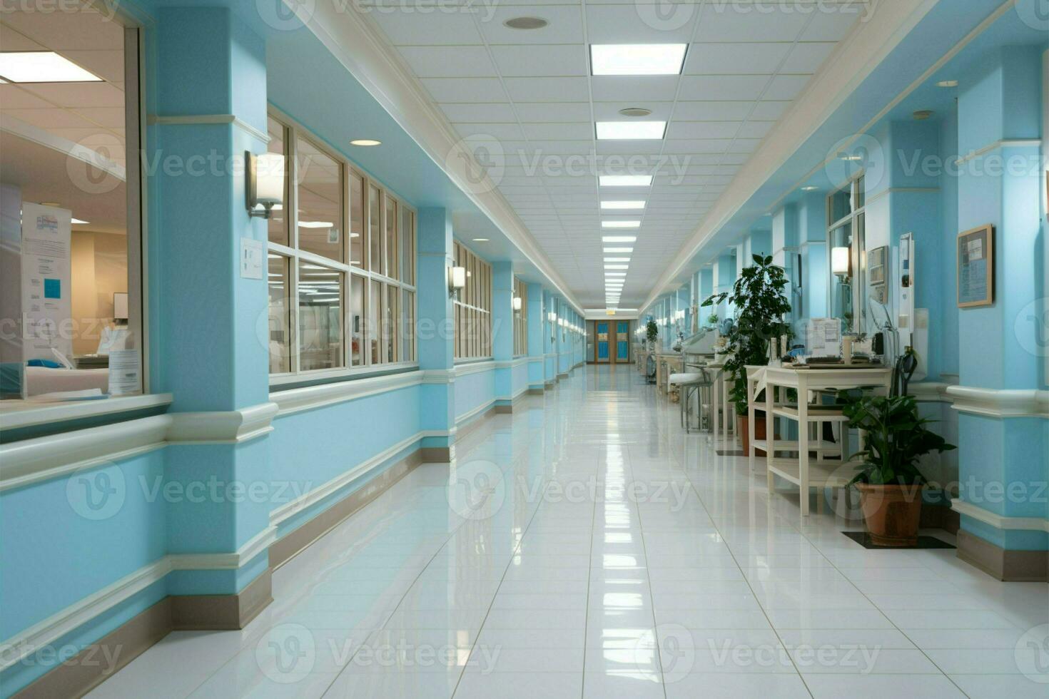 lussuoso ospedale corridoio, sfocato, emana un' sereno e tranquillo, calmo atmosfera ai generato foto