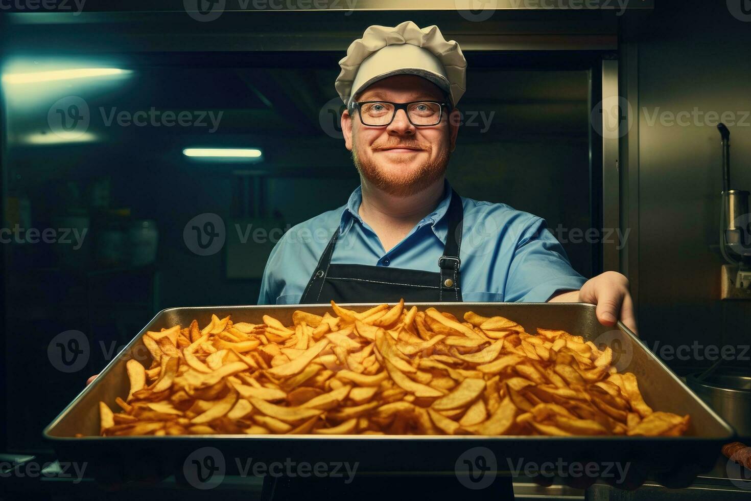 capocuoco Tenere un' vassoio pieno di fritte croccante patate dentro un' cucina foto