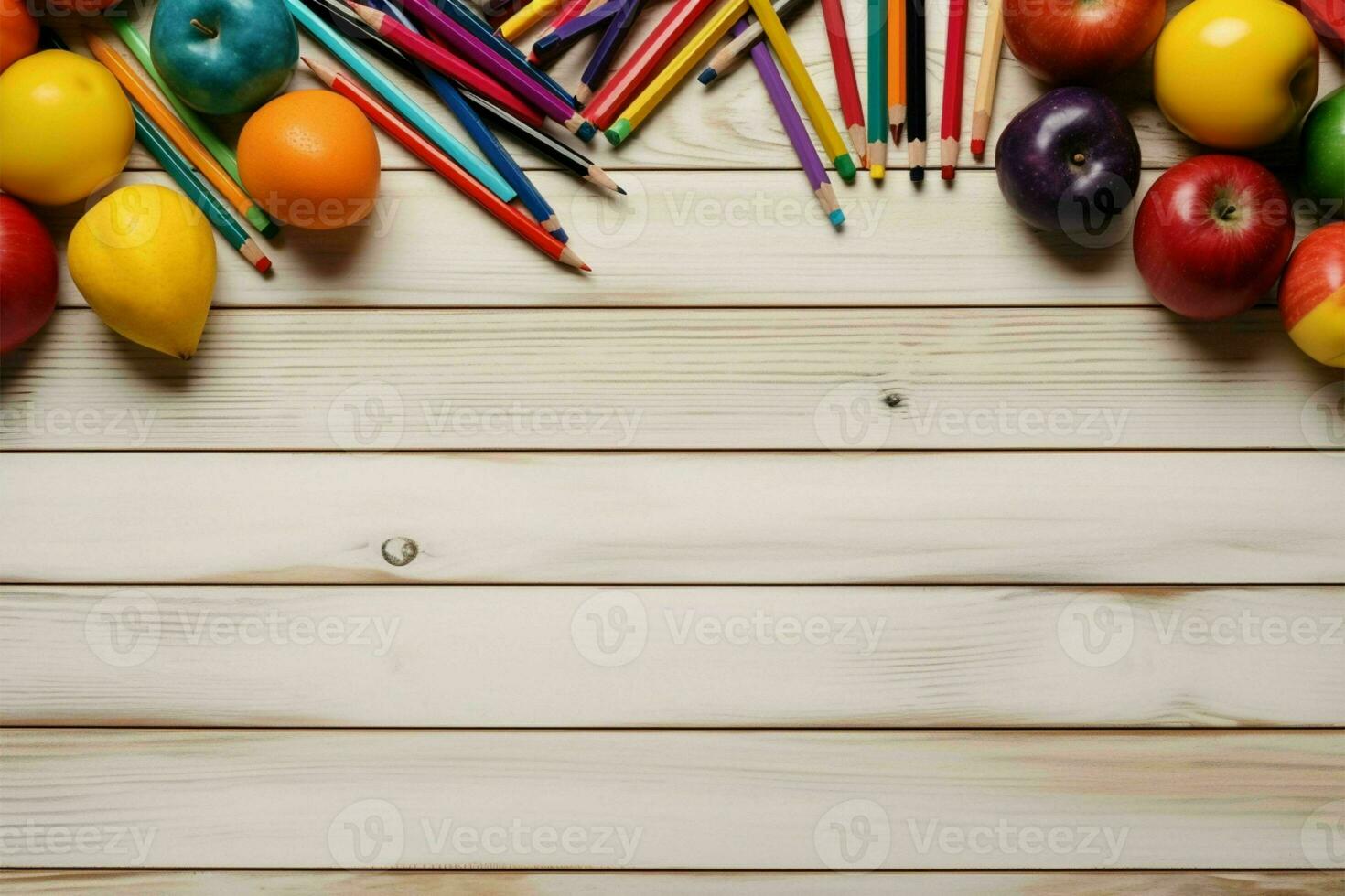 indietro per scuola preparazione, flatlay su bianca Di legno, ideale per Annunci ai generato foto