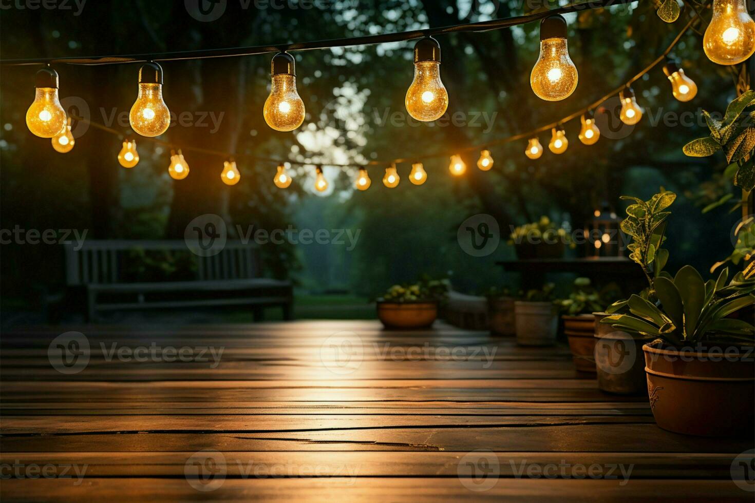 giardino sentiero fa cenno a partire dal di legno veranda ornato con sospeso luci ai generato foto