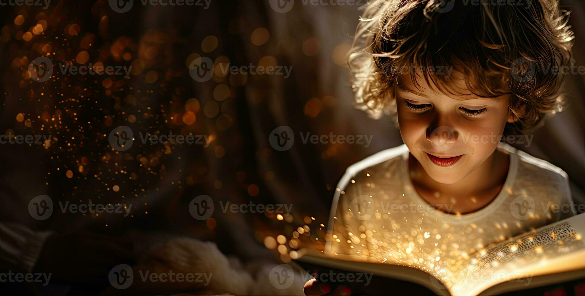 poco ragazzo lettura un' libro. concetto di saggezza, immaginazione. ai generato foto