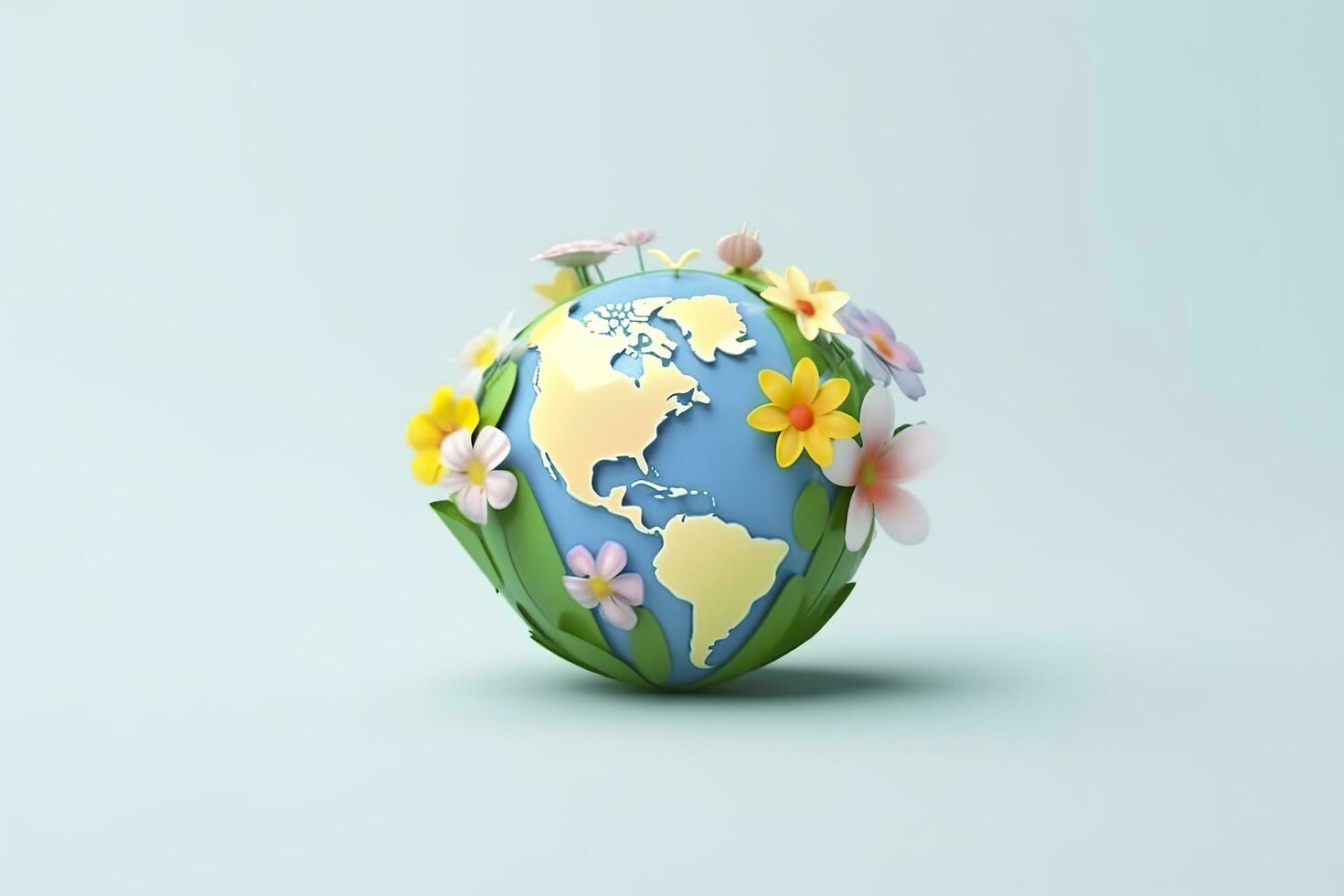 3d carino terra con fiore su bianca sfondo. pianeta terra giorno o ambiente giorno concetto. ai generativo foto
