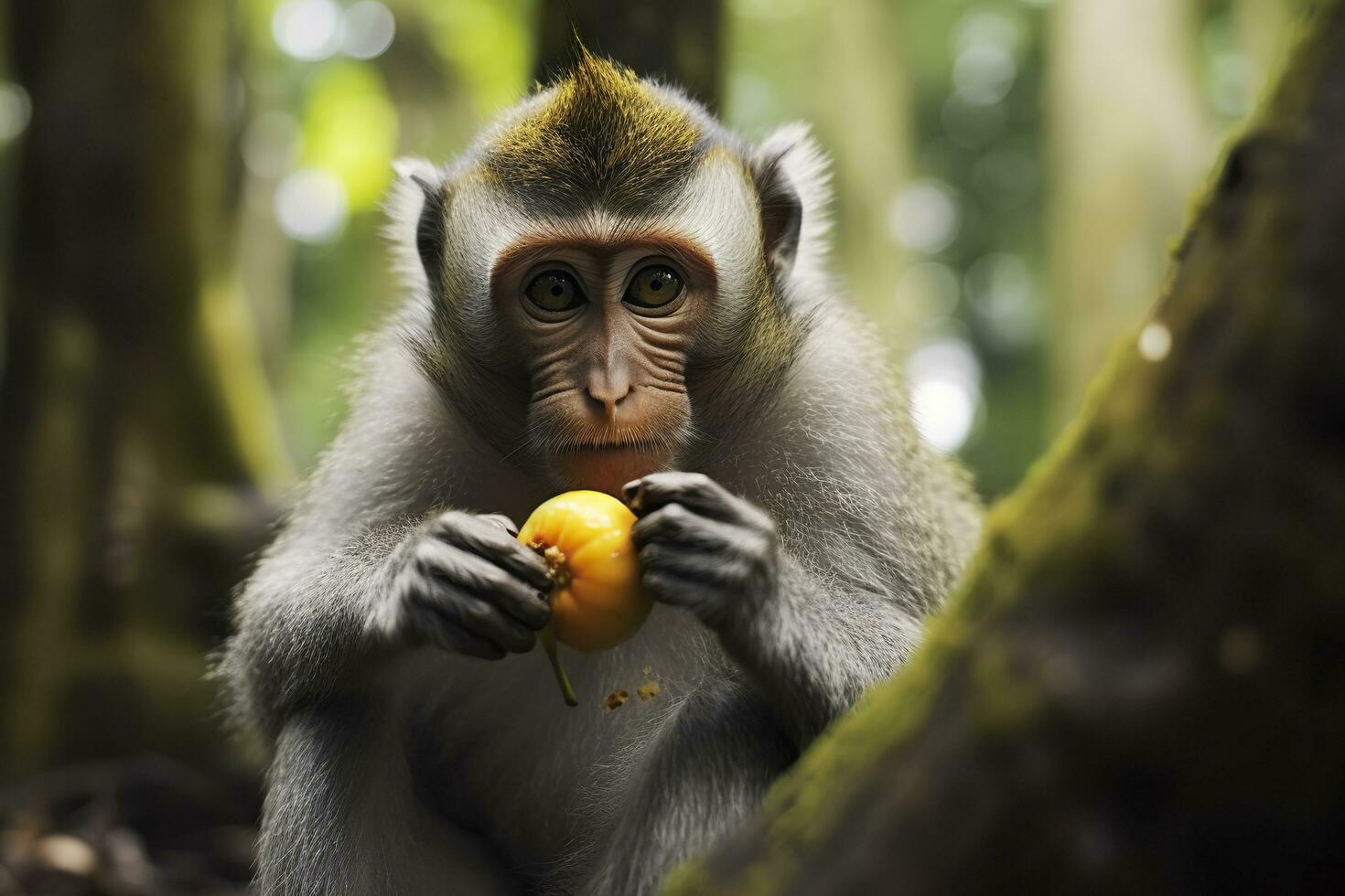 vicino su di scimmia mangiare frutta nel il giungla. generativo ai foto