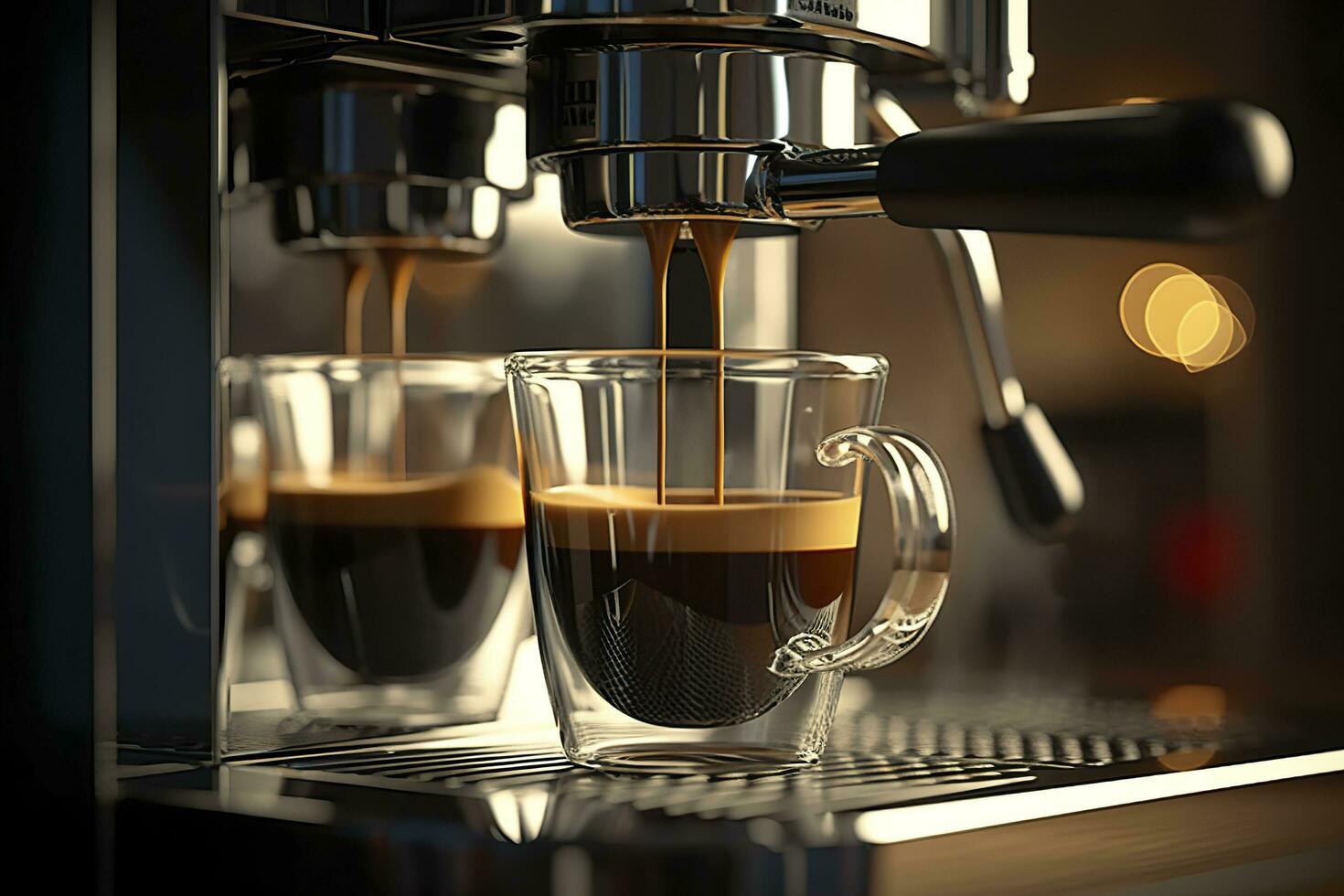 un' professionale caffè macchina preparazione un caffè espresso caffè nel un' bicchiere tazza, ai generativo foto