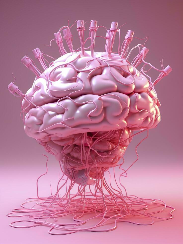 grande rosa umano cervello con molti Audio Jack cavi tappato nel Questo barin, 3d rendere, ai generativo foto