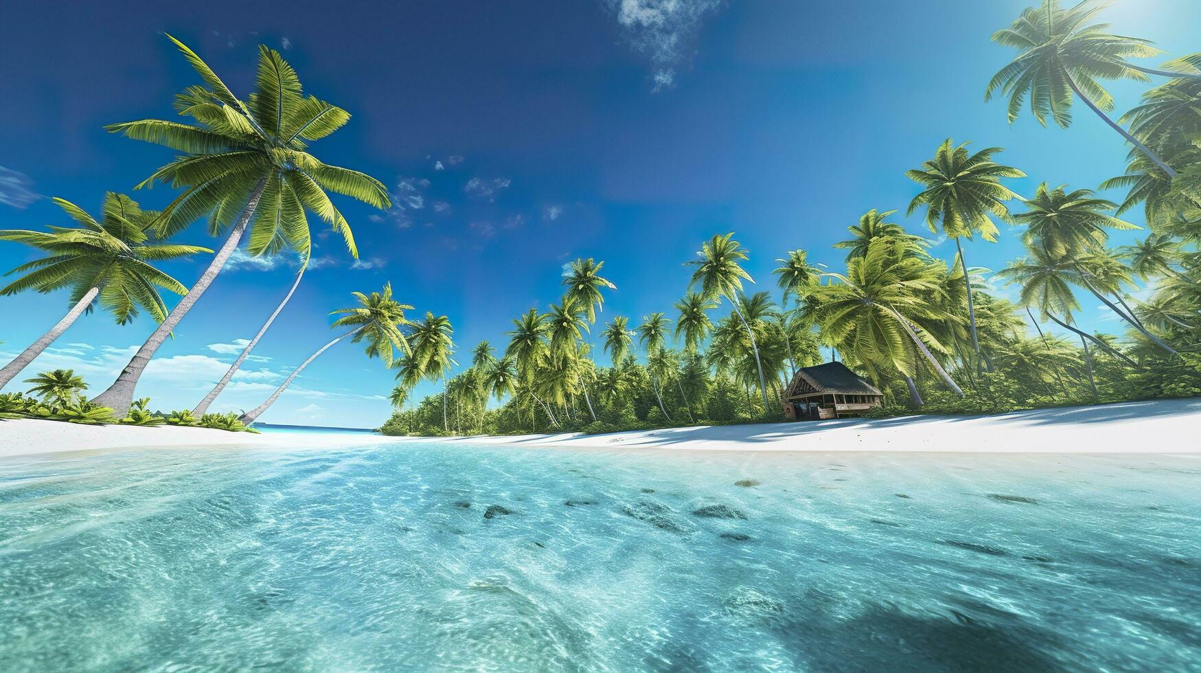 tropicale Paradiso spiaggia con bianca sabbia e cristallo chiaro blu acqua. bellissimo naturale estate vacanza vacanze sfondo. viaggio turismo largo panorama sfondo concetto. ai generativo foto