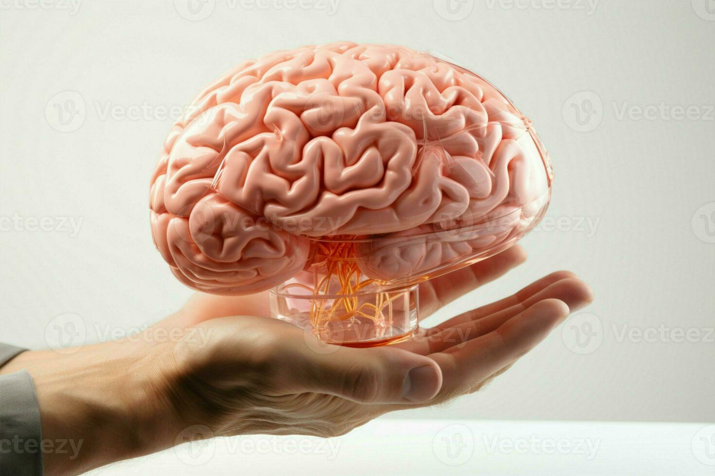 isolato su bianca, un' mano detiene un' modello di il umano cervello ai generato foto