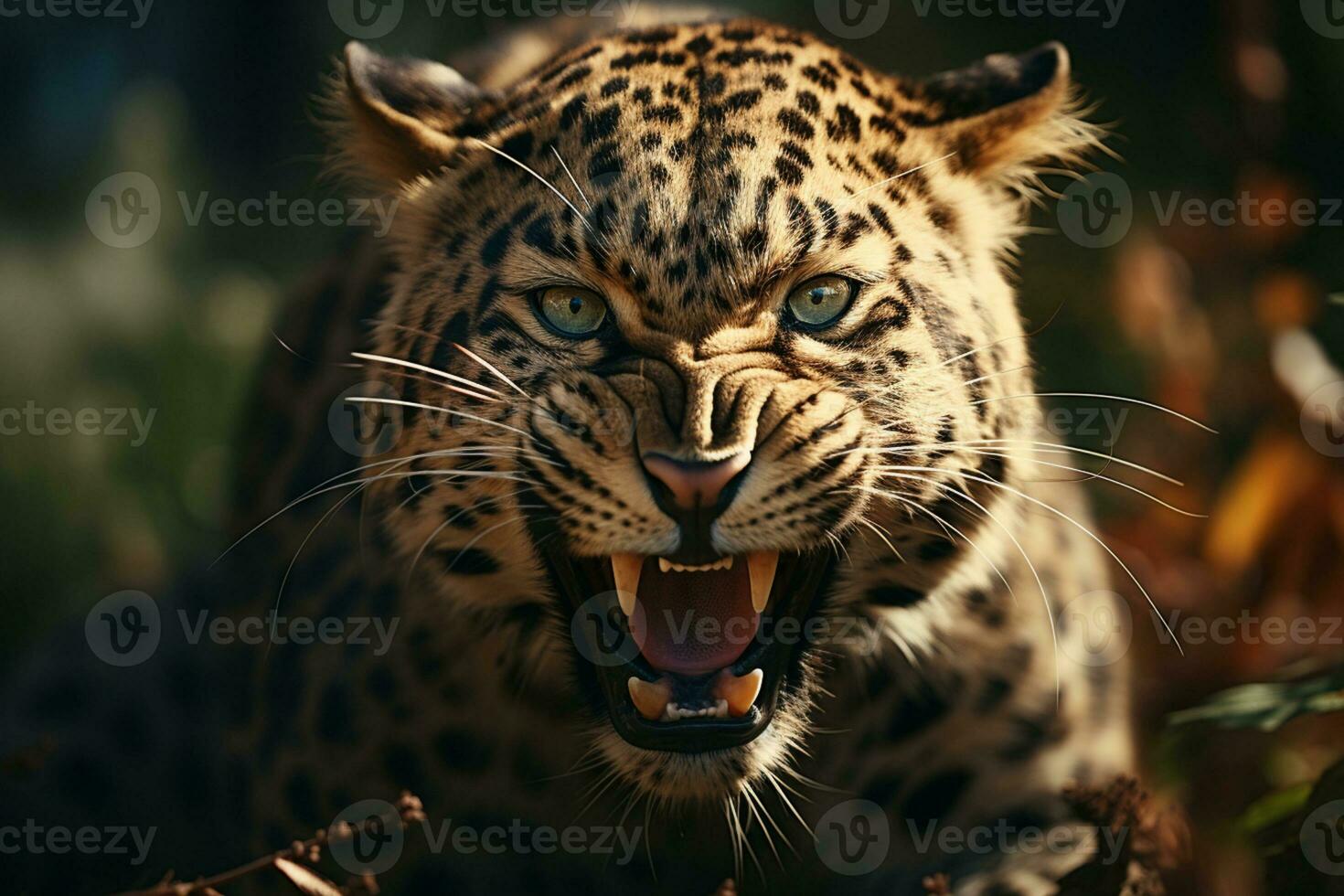 maestoso predatore, un' avvicinamento ritratto di un arrabbiato leopardo nel natura selvaggia ai generato foto