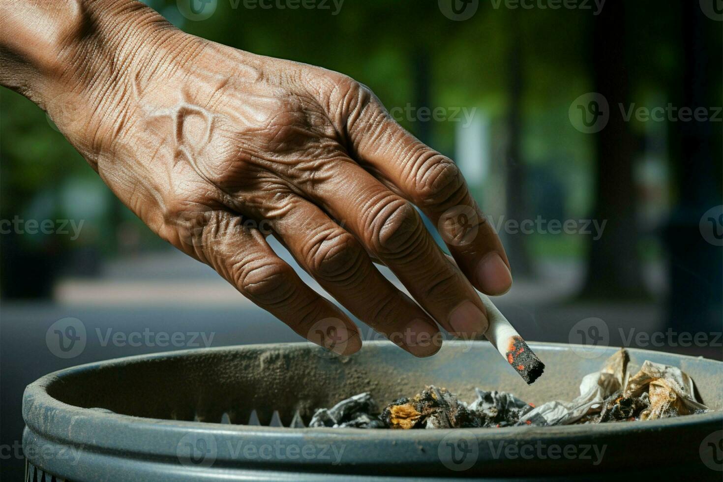 un' avvicinamento di un' womans mano responsabilmente scartando un' sigaretta ai generato foto