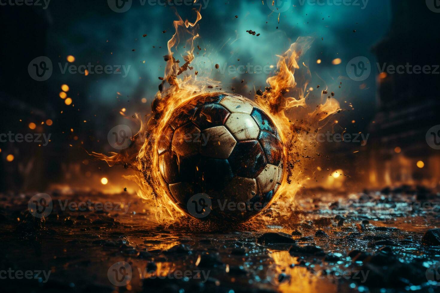 calcio palla con fuoco e Fumo su il terra ai generato foto