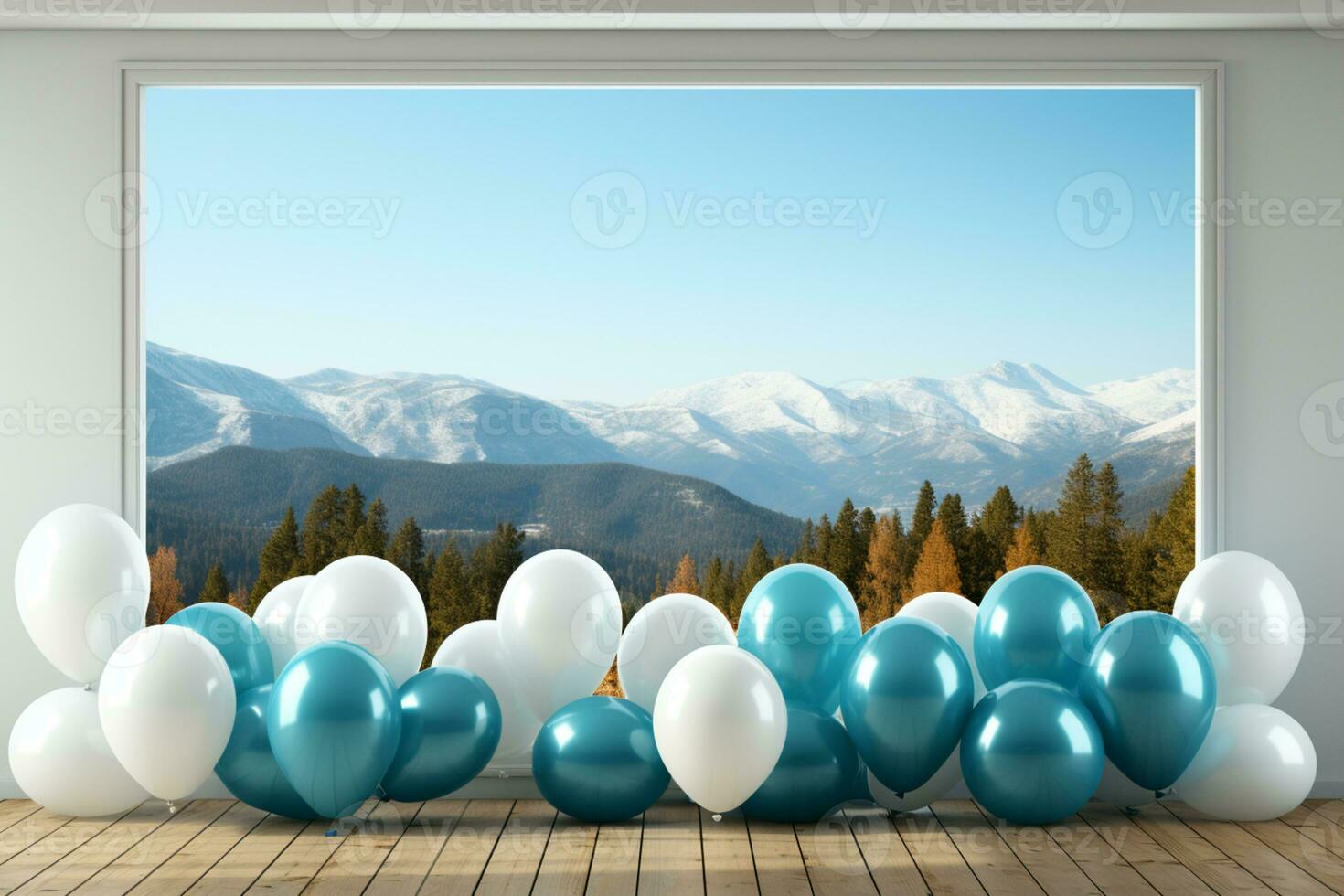 festa preparazione, colorato palloncini, bianca telaio, blu di legno tavolo ai generato foto
