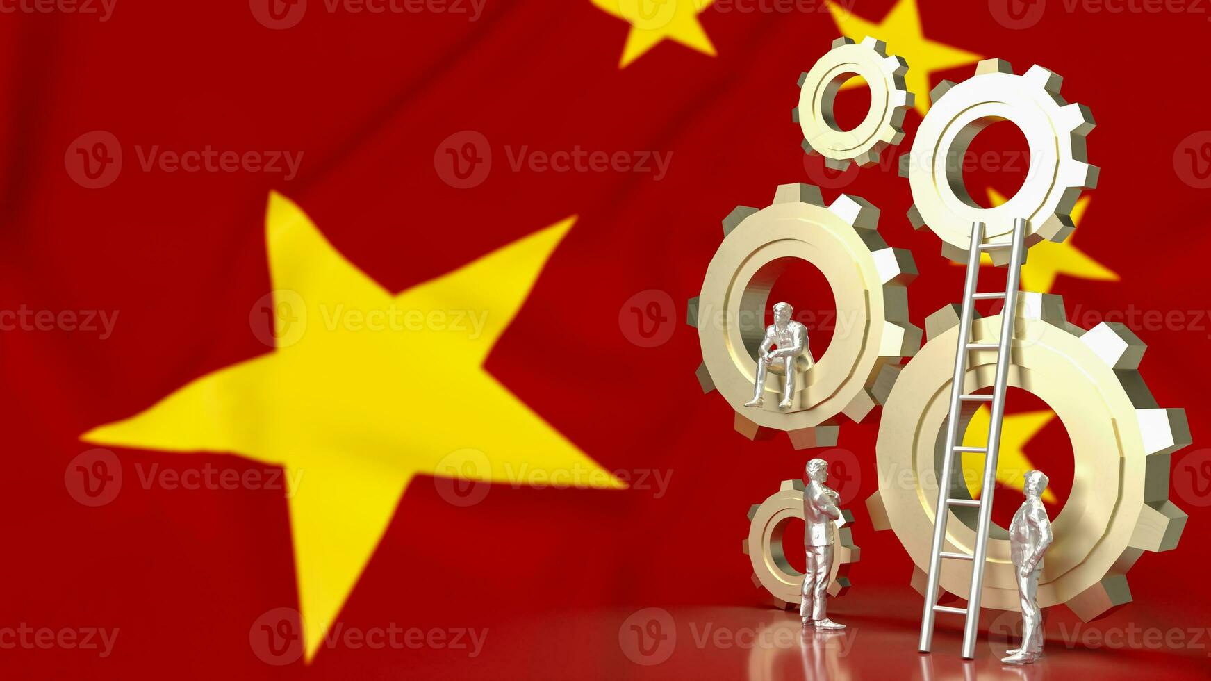 il attività commerciale uomo e Ingranaggio gruppo su Cinese bandiera sfondo 3d interpretazione foto
