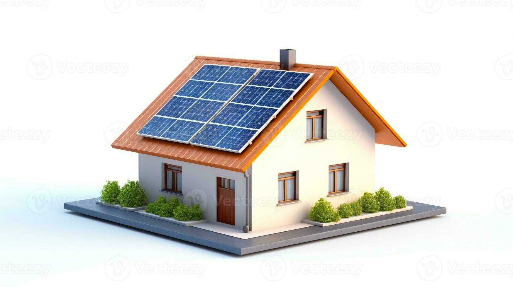 miniatura Casa modello con solare pannello su tetto su bianca sfondo. inteligente casa energia Salvataggio concetto. generativo ai foto