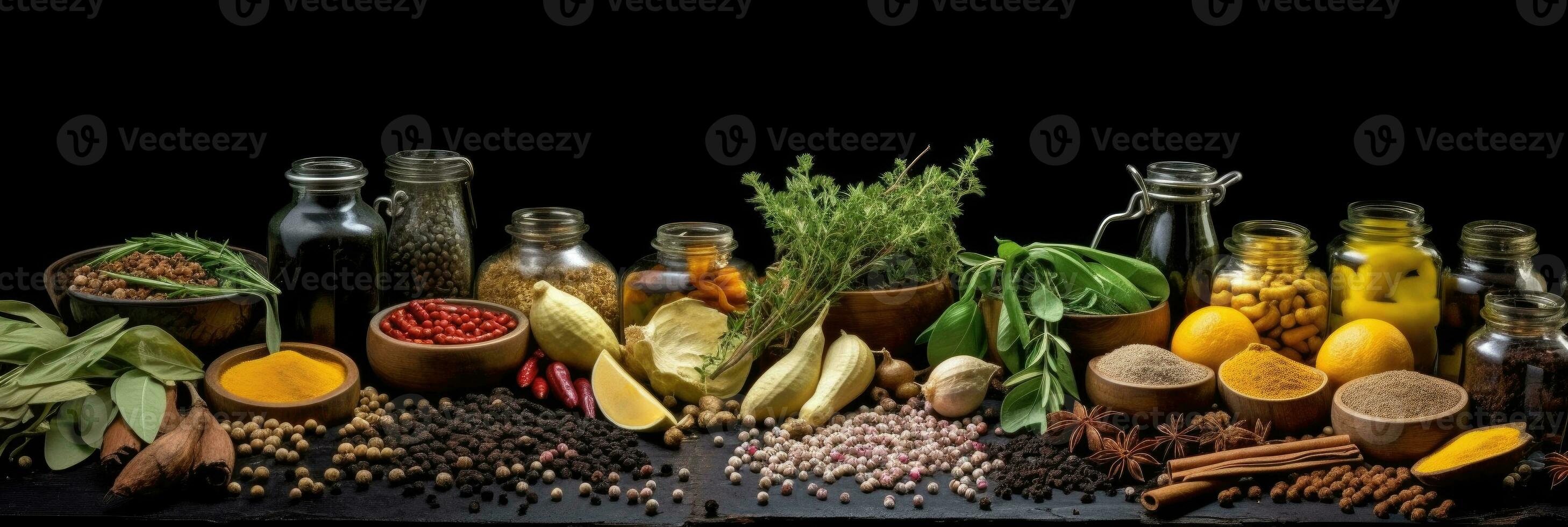largo varietà spezie e erbe aromatiche su sfondo di nero tavolo, con vuoto spazio per testo o etichetta. spezie e erbe aromatiche per cucinando. generativo ai foto