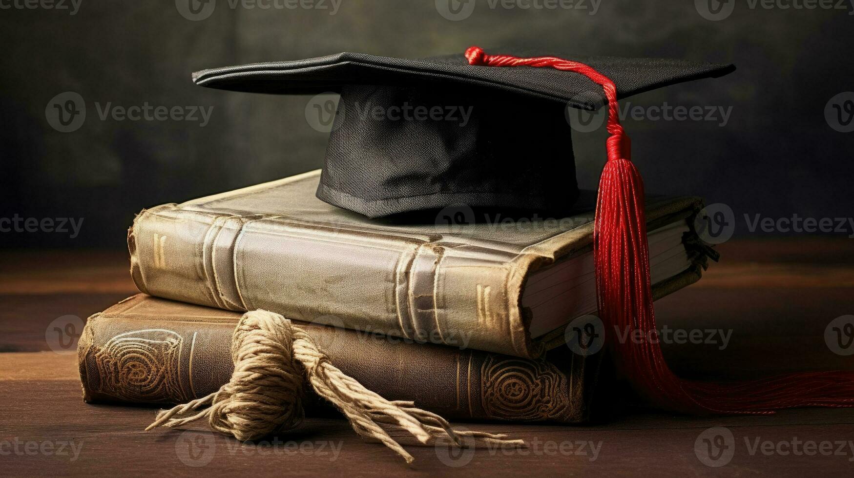 un' sparviere e la laurea scorrere, legato con rosso nastro, su un' pila di vecchio malconcio libro con vuoto spazio per il sinistra. generativo ai foto