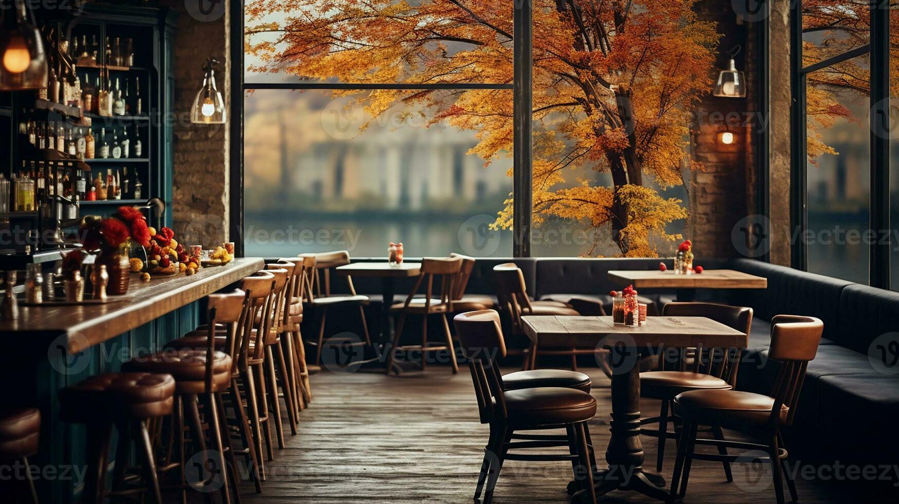 accogliente bar bistro con sfocato sfondo e di legno montaggio. generativo ai foto