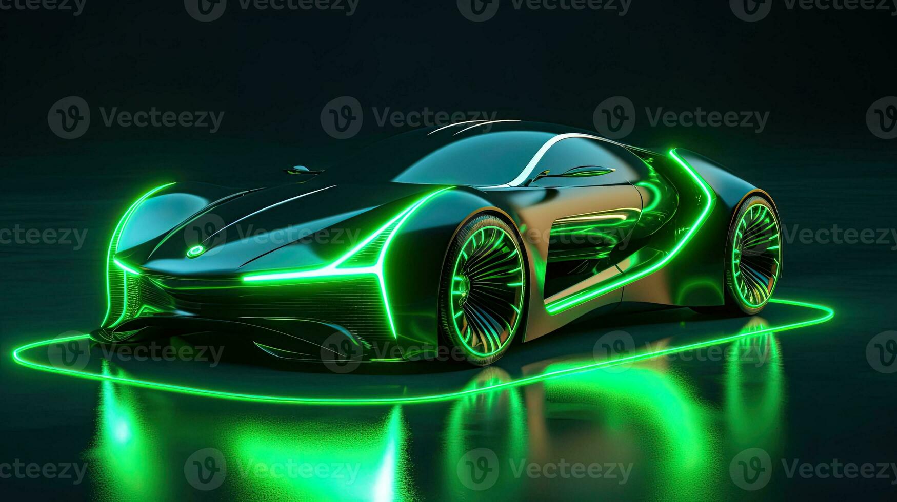 un' futuristico elettrico auto con movimento verde illuminazione. settore automobilistico innovazione e tecnologia concetti. generativo ai foto