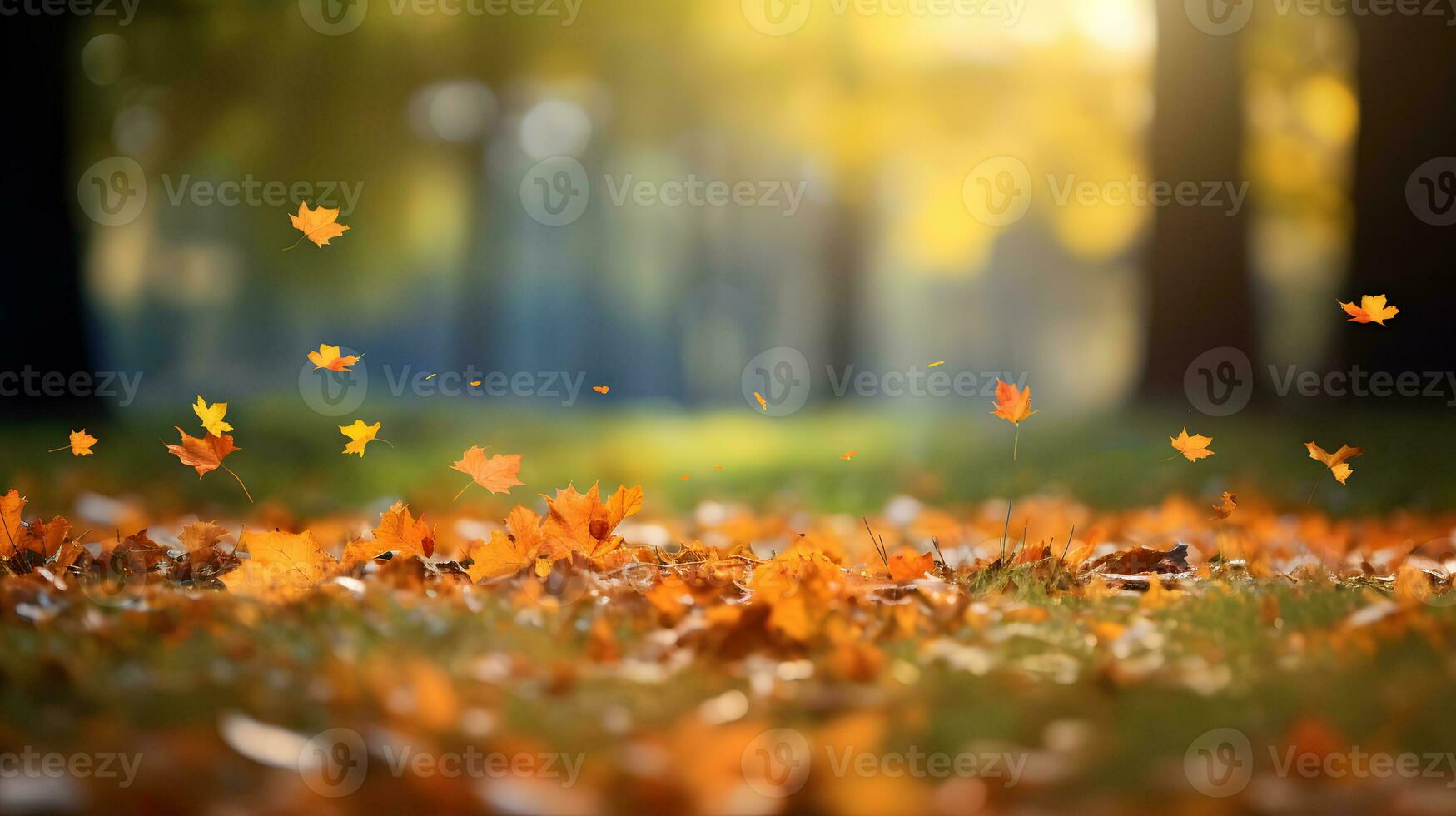 autunno le foglie nel il parco con raggi di sole e bokeh foto