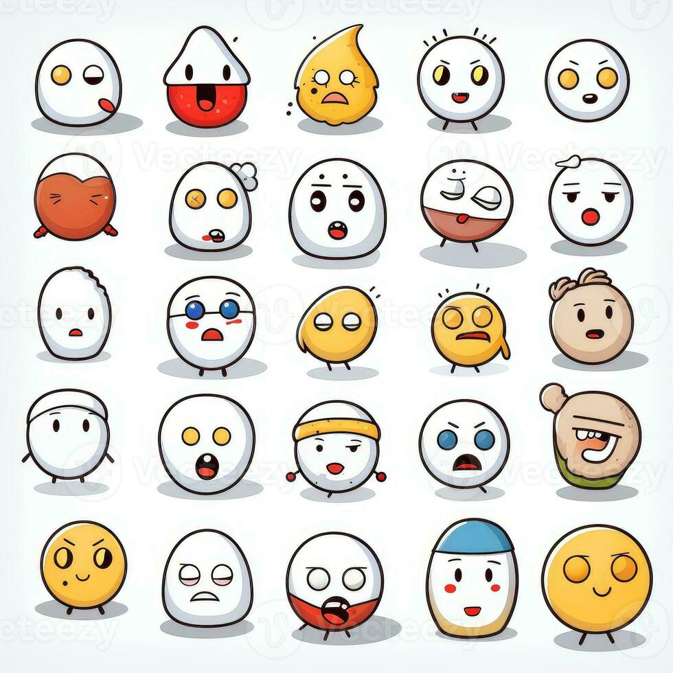 impostato di cartone animato facce espressioni, viso emoji, adesivi, emoticon, cartone animato divertente portafortuna personaggi viso impostare, generativo ai illustrazione foto