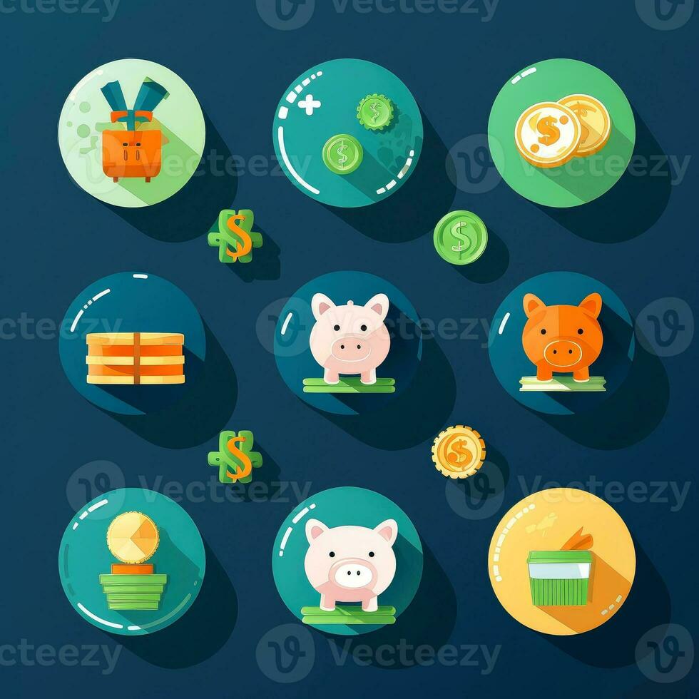 i soldi o finanziario icona impostare. dollaro moneta, i soldi pila, portafoglio, banconota finanza simboli, generativo ai illustrazione foto