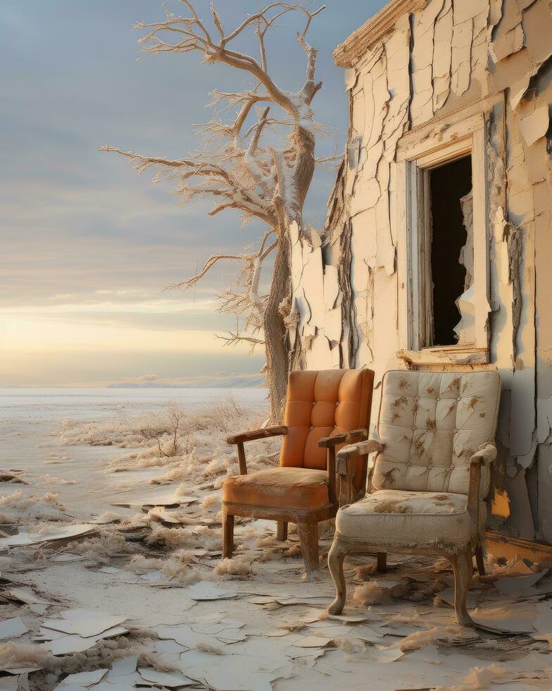 un' danneggiato Casa con di legno sedie nel il deserto foto