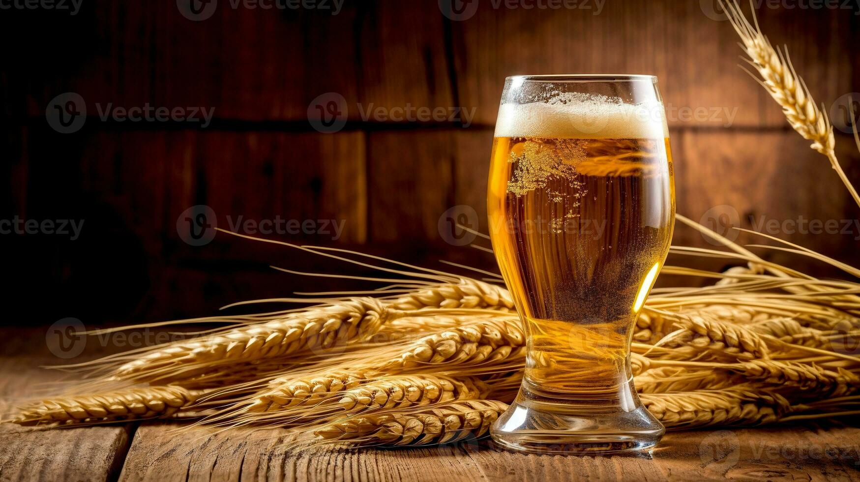 leggero leggero birra chiara nel un' bicchiere su un' di legno tavolo contro il sfondo di Grano spighette. ai generato foto