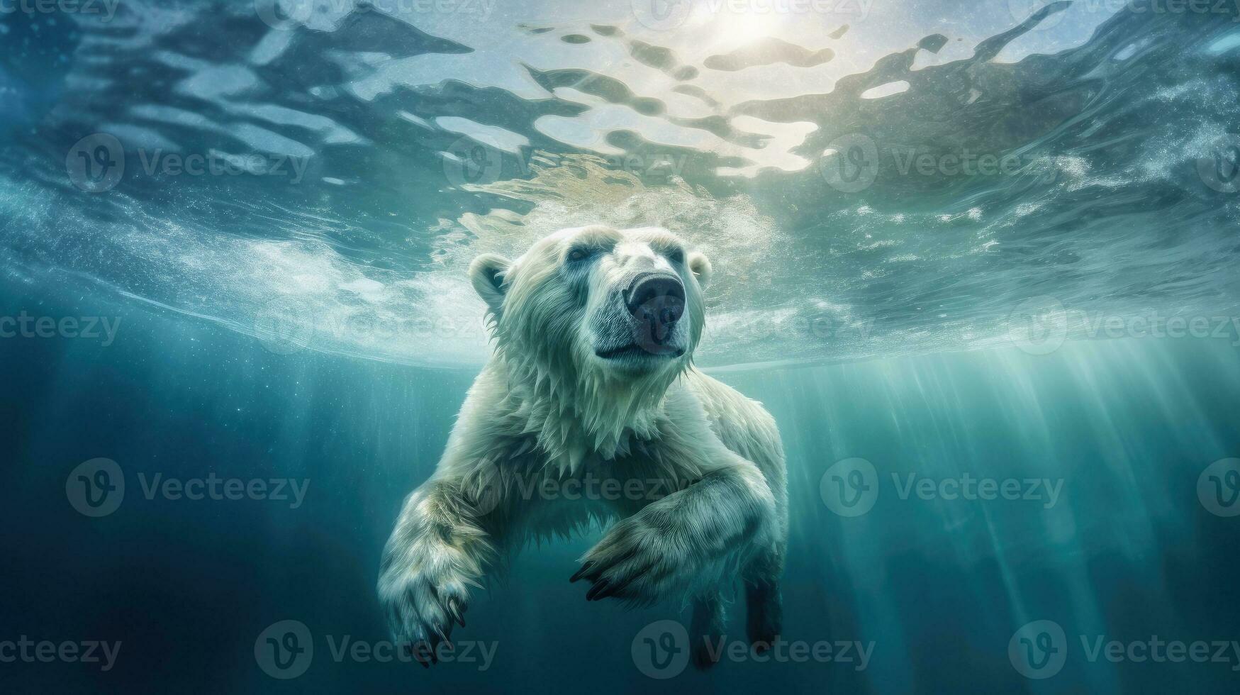 un' polare orso nuoto subacqueo nel il artico oceano. generativo ai foto