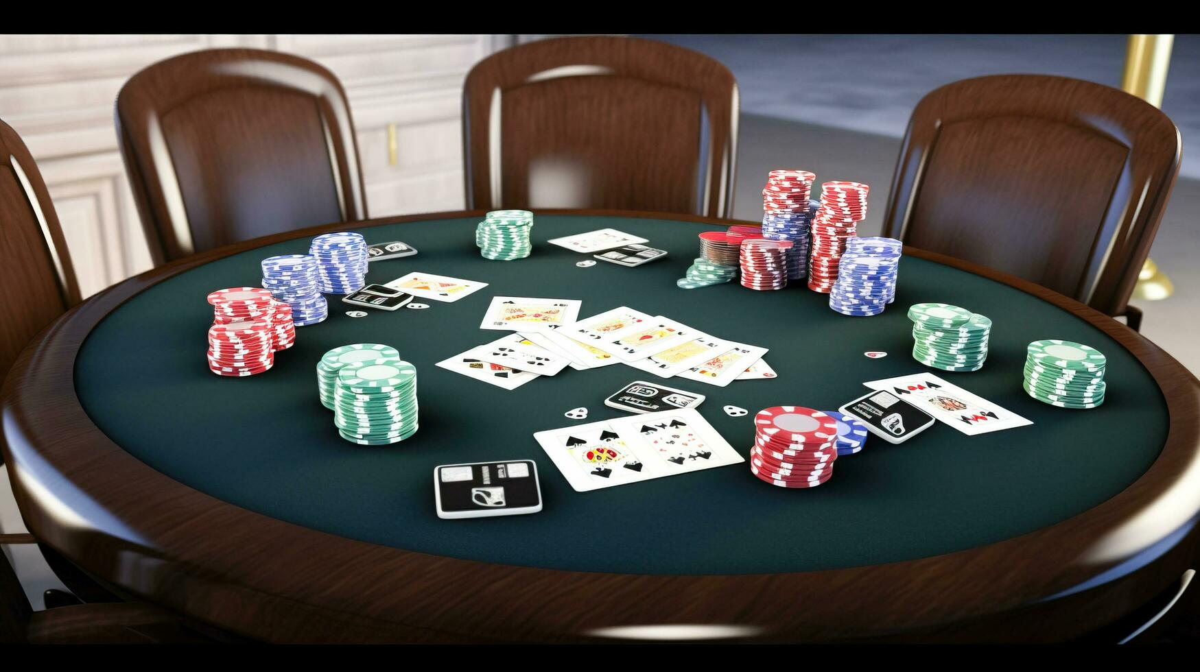 Giocatori mani hold carte giocare poker, verde tavolo, casinò patatine fritte. divertimento vacanza a ricorrere. ai generato. foto