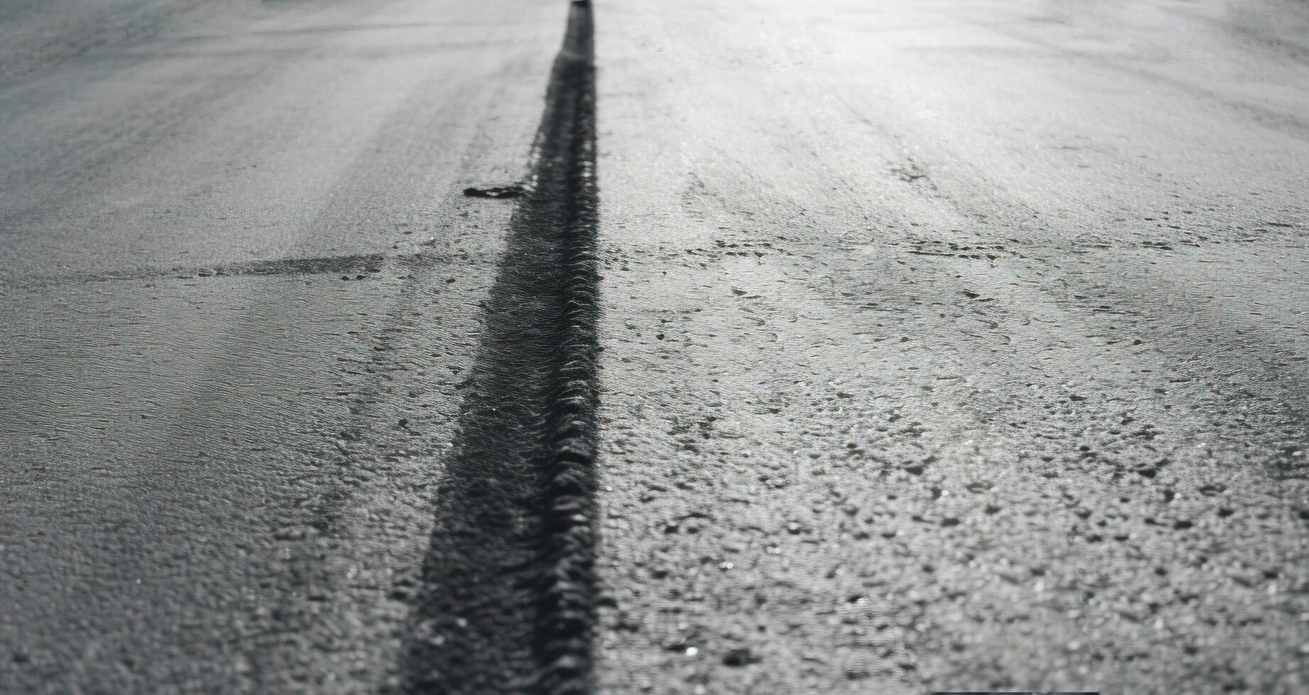 traccia gomma da cancellare pneumatico traccia su il strada con marcature avvicinamento. trasporto autostrada per movimento. ai generato. foto