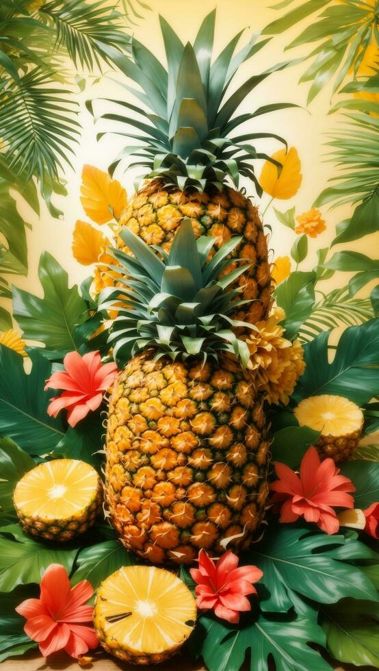 d'ispirazione estiva sfondo con un' abbondante raccogliere di ananas, e estate fogliame, no testo, accattivante design foto