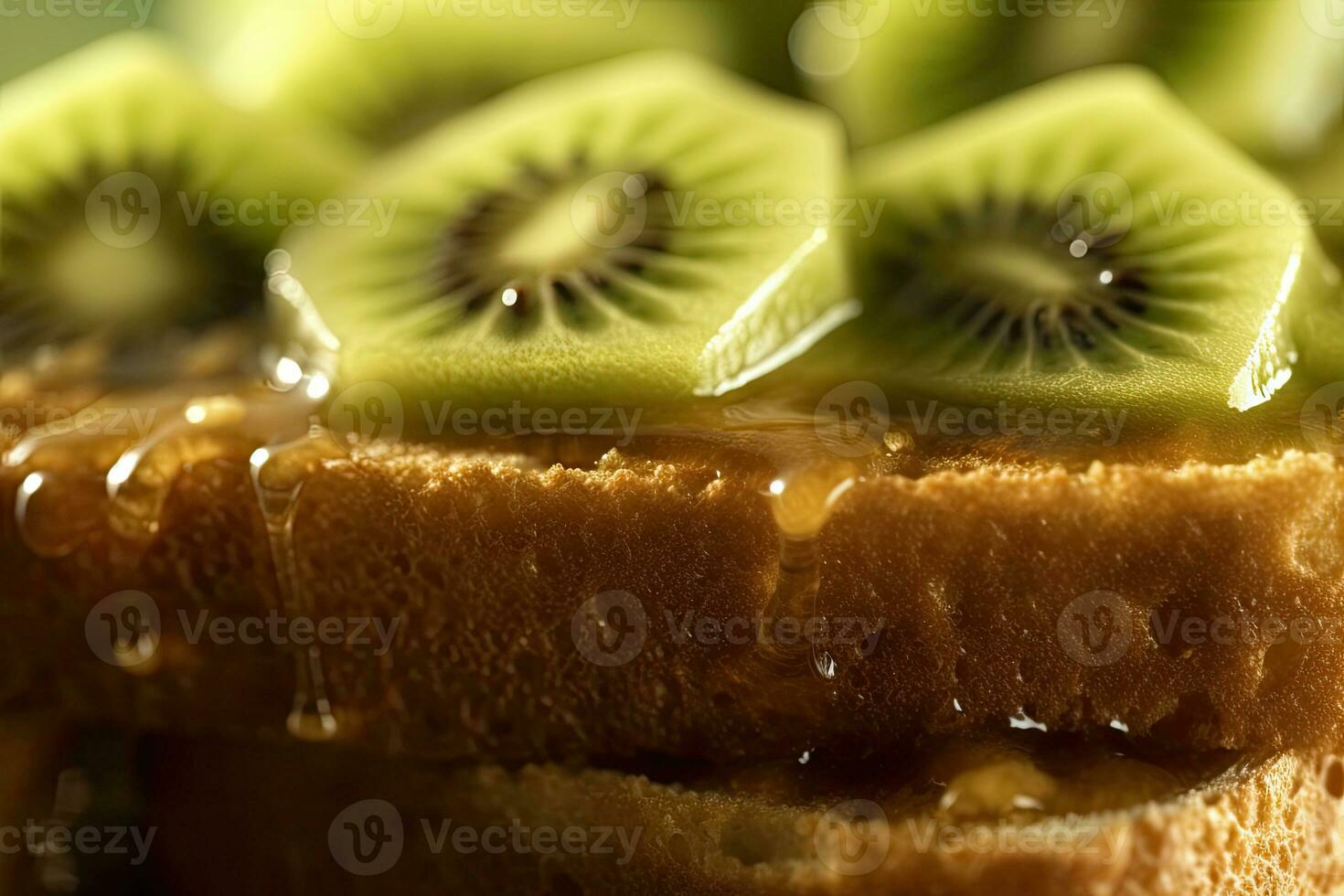 kiwi pane abbrustolito, macro tiro di un' fresco prima colazione con gocciolante Miele, ai generato foto