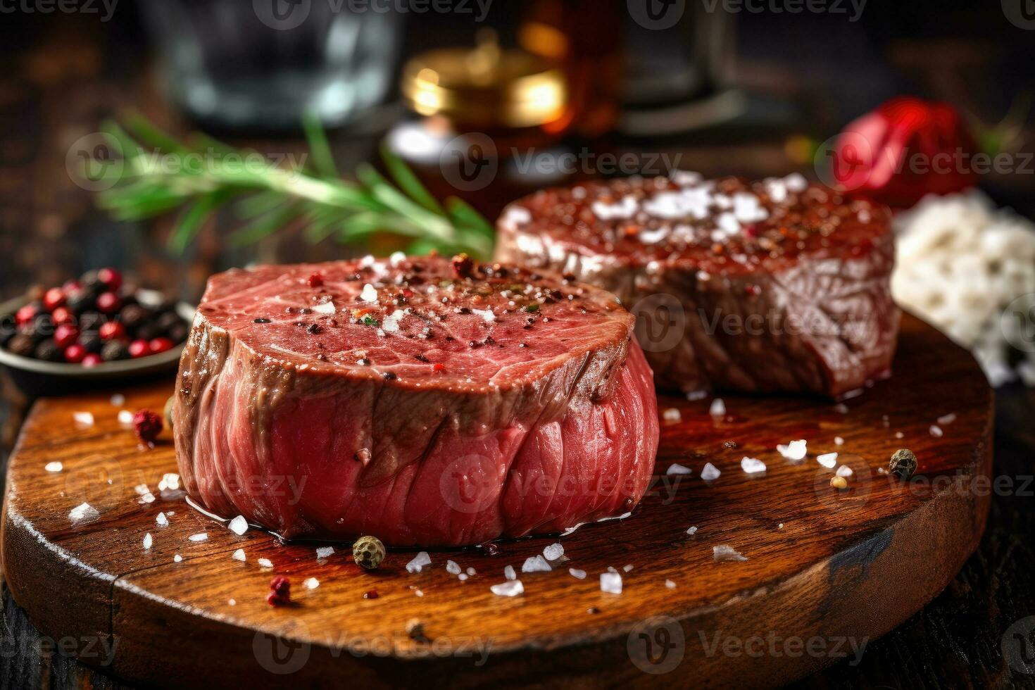 crudo Manzo filetto mignon bistecca su un' di legno tavola con peperoni e erbe aromatiche, ai generato foto