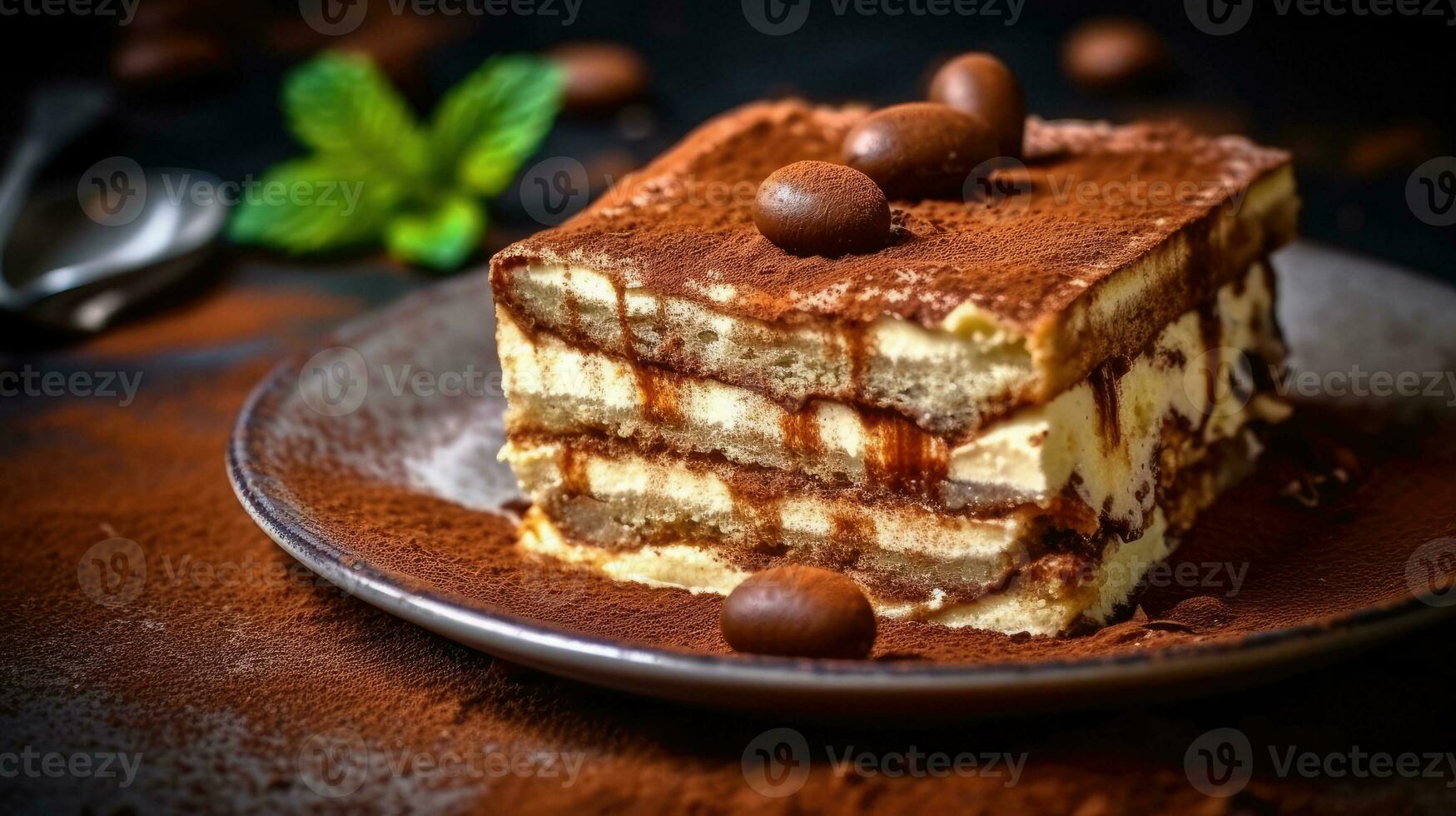 un' avvicinamento rivista qualità tiro di un' meravigliosamente stratificato Tiramisù con cremoso mascarpone e spolverato cacao ai generato foto