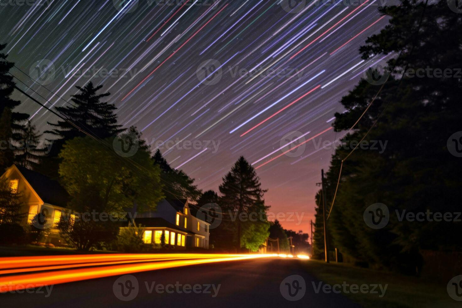 stella sentieri al di sopra di un' Residenziale strada a notte generativo ai foto