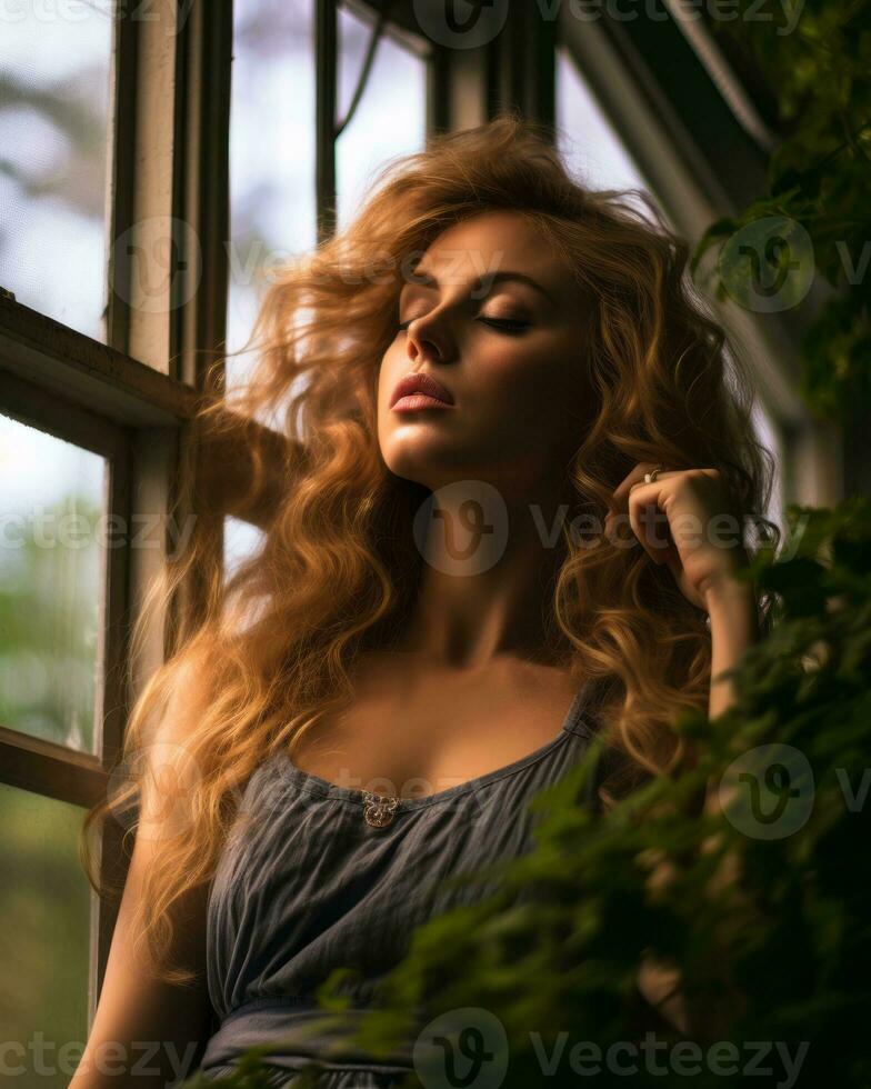 un' bellissimo donna con lungo rosso capelli pendente contro un' finestra generativo ai foto