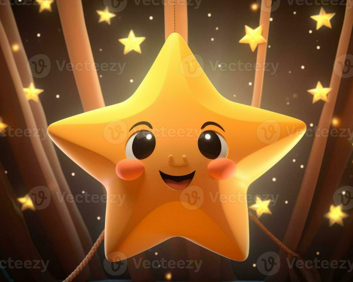 un' cartone animato stella con un' smiley viso e stelle nel il sfondo generativo ai foto