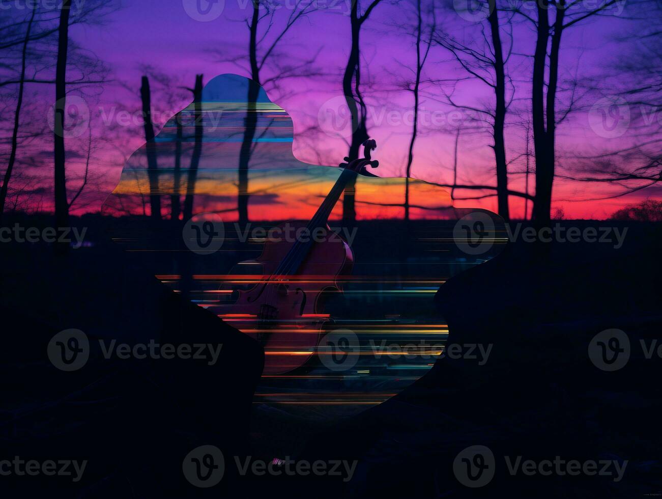il silhouette di un' persona giocando un' violoncello nel il boschi a tramonto generativo ai foto